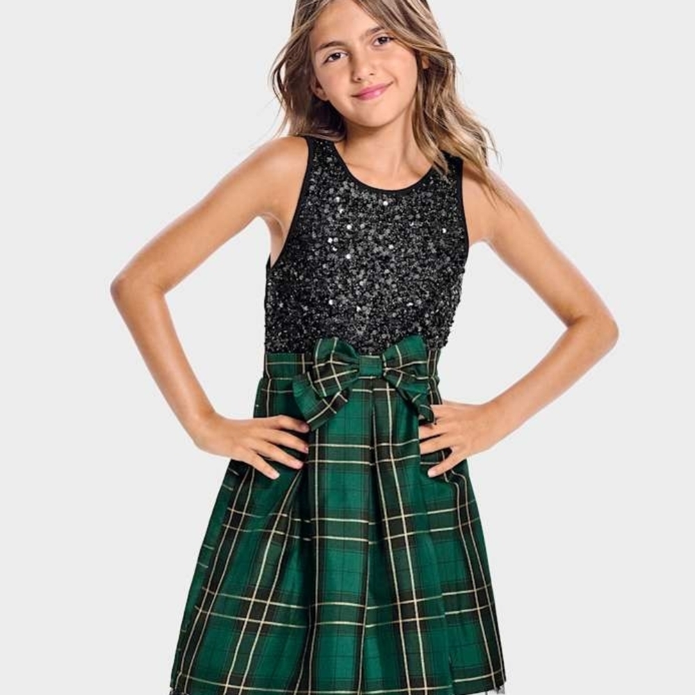 Children's Place Size 14 Christmas Holiday Dress green/gold plaid, Black Sequins
